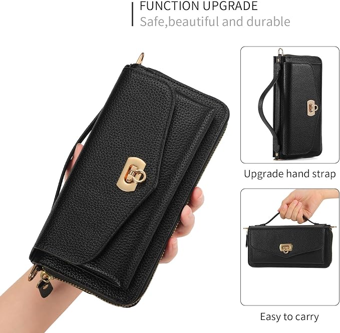LITOU Compatible for Samsung Galaxy S26 Crossbody Phone Case,Detachable Magnetic,Card Holder,Zipper Leather Wallet Wrist Lanyard Strap Case for Women Men.Black