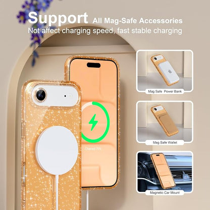 Choiche Magnetic for iPhone 17 Air Case Compatible with MagSafe, Women Cute Glitter Sparkly Phone Case with Diamond Camera Lens Protectors, Military-Grade Drop Protection 6.5" (Gold)