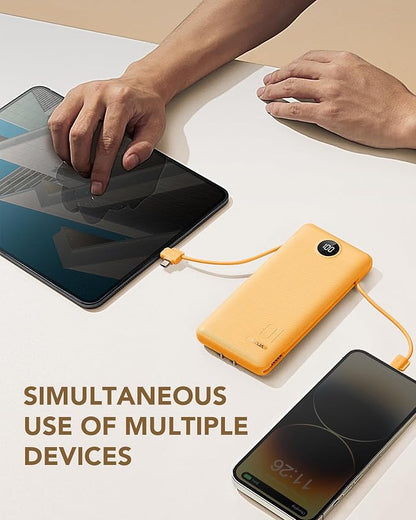 VRURC Portable Charger, Power Bank Built-in Cables and AC Wall Plug | USB C Power Bank 10000mAh Travel Essentials Phone Charger Compact External Battery Pack For Smart Phones, Tablets etc-Orange
