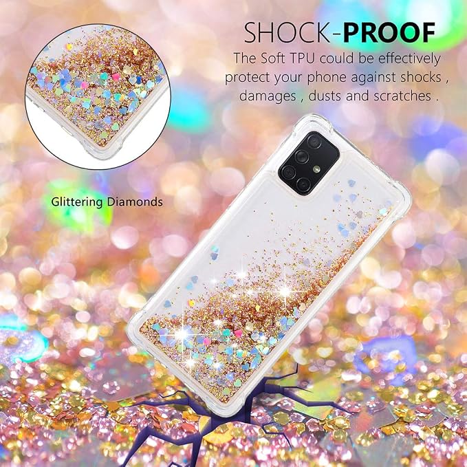 Silicone Phone Case für Galaxy A71 Glitter Gold, Women Bling Liquid Floating Case Soft TPU Bumper Cover Transparent Rubber Protective Shell Scratch Slim Back Case Compatible with Samsung Galaxy A71