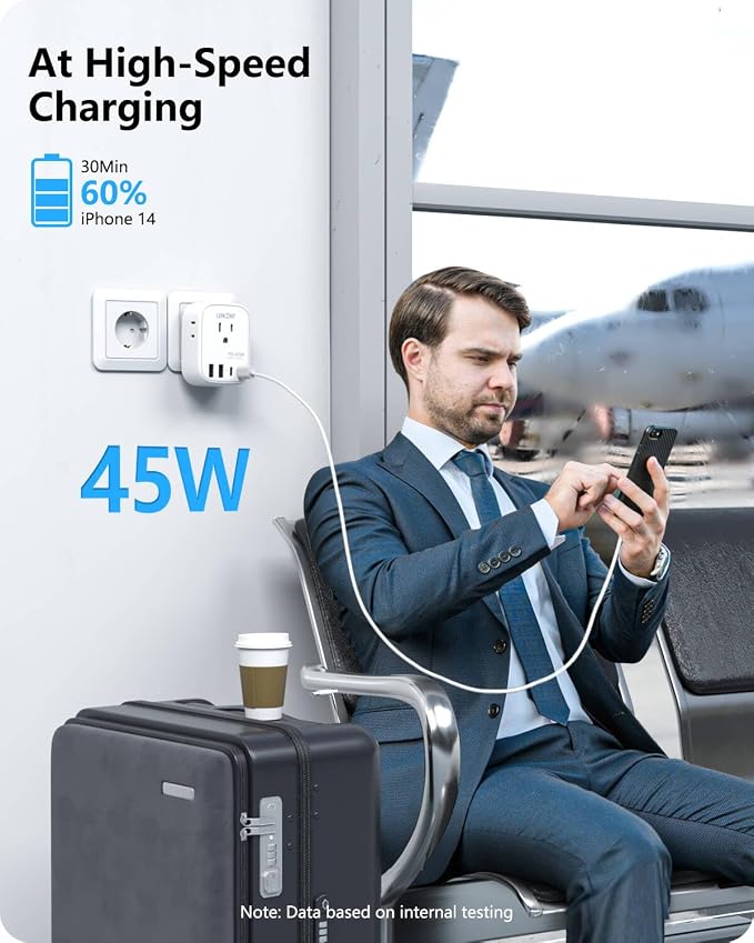 LENCENT Germany France Travel Power Adapter, PD 45W USB C Fast Charger | Schuko Type E F Plug Adapter with 4 Outlets, Travel Essentials for US to Europe EU Spain Greece Russia Germany South Korea