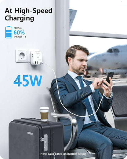 LENCENT Germany France Travel Power Adapter, PD 45W USB C Fast Charger | Schuko Type E F Plug Adapter with 4 Outlets, Travel Essentials for US to Europe EU Spain Greece Russia Germany South Korea