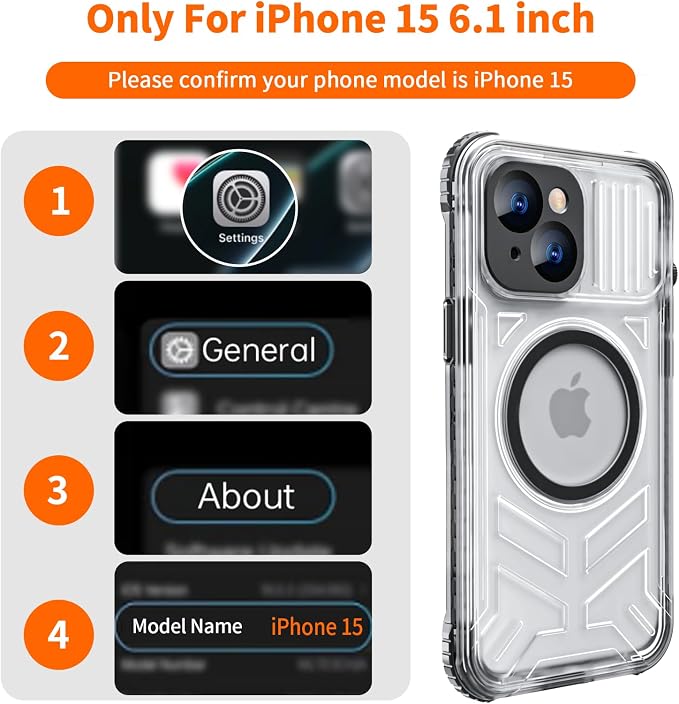 for iPhone 15 Waterproof Case Compatible with MagSafe, Translucent Slim IP68 Underwater Built-in Screen Protector, 12FT Military Grade, 360 Full Body Protective Cover 6.1 inch (Black)