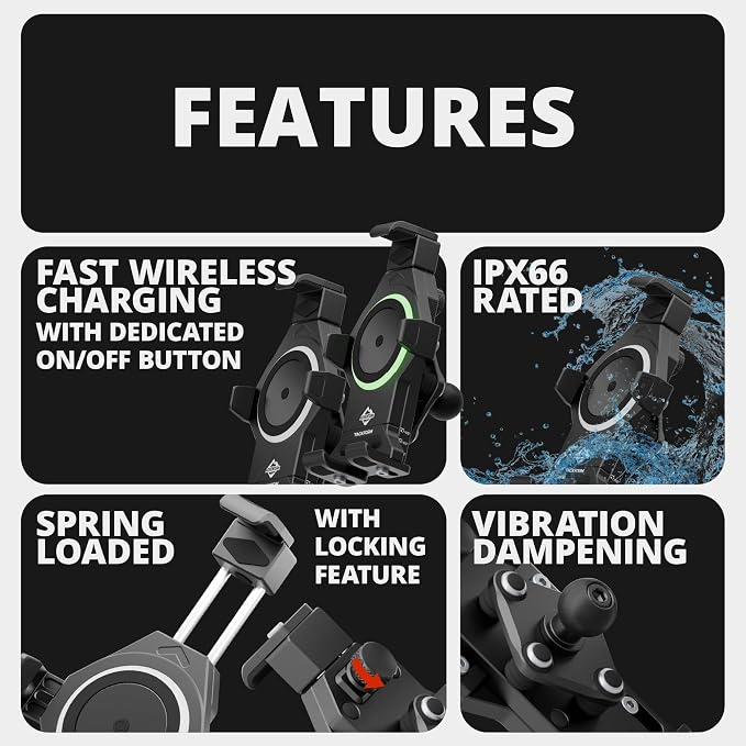 Tackform Aluminum Motorcycle Adventure Phone Mount - Vibration Dampening and Wireless Charging | Fits 1-1/4" to 1-1/2" Handlebars | Compatible with iPhone, Galaxy, More | Short Reach Arm | Black