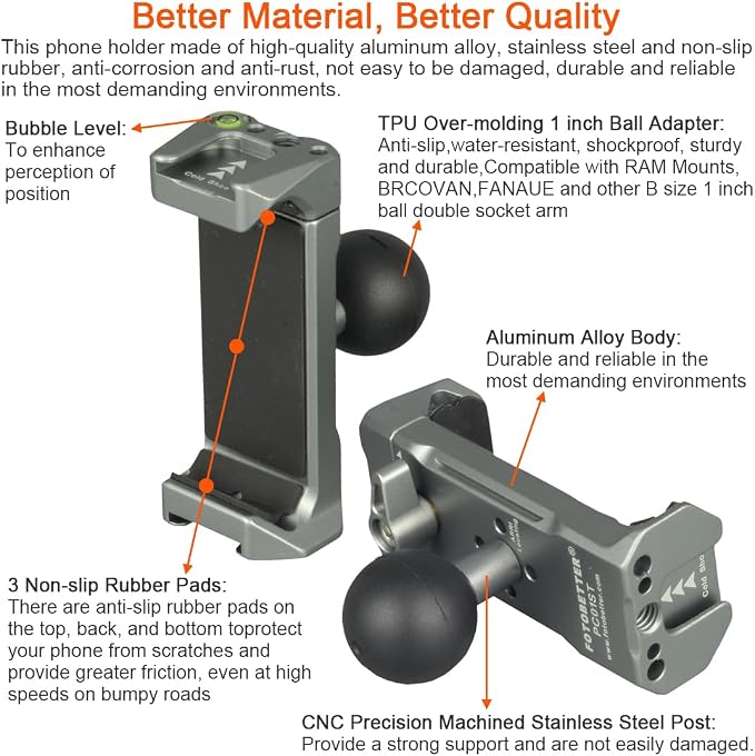 Aluminum Cell Phone Holder with 1 Inch Ball Mount Adapter Compatible with RAM mounts B Size 1" Socket Arm Bike Motorcycle Car Phone Mount, Double Protection Anti-loosening Locking knob