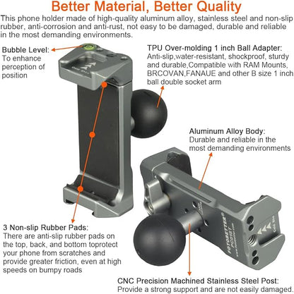 Aluminum Cell Phone Holder with 1 Inch Ball Mount Adapter Compatible with RAM mounts B Size 1" Socket Arm Bike Motorcycle Car Phone Mount, Double Protection Anti-loosening Locking knob