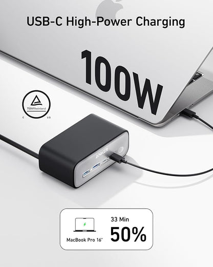 Anker Nano Charging Station(100W Max), 7-in-1 USB C Power Strip for iPhone 16/15/14 and MacBook Air/Pro, 5ft Thin Cord,3AC, 2USB A,2USB C,Power Delivery Desktop Accessory for Home&Office(Black)