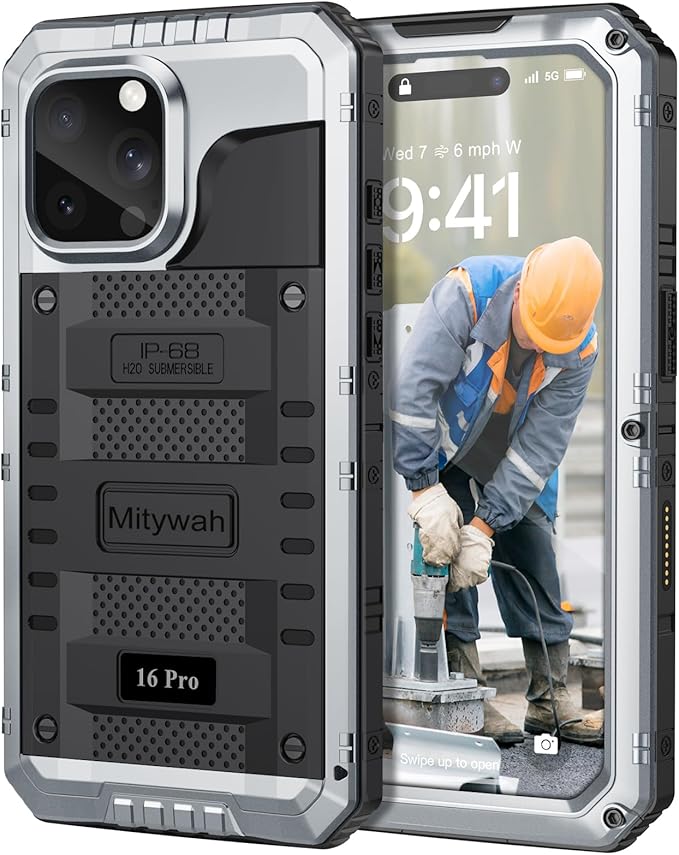 Mitywah Waterproof Case for iPhone 16 Pro, Shockproof Heavy Duty Case with Built-in Screen Protector, Underwater Full Body Protective Metal Case 6.3 inch, Silver