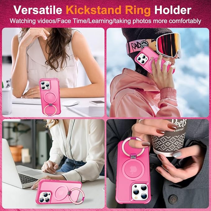 360° Magnetic Swivel Ring for iPhone 13 pro max case, Built-in Metal Stand and Ring Holder, Magsafe Compatible, Military Grade Protection, Shock Resistant - Rose Pink