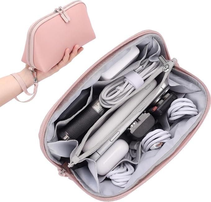 FYY Travel Cable Organizer - 8 Compartments, Lightweight, Water Repellent | With Wrist Strap, Portable Tech Pouch for Cord Charger, Travel and Business Trips Use, Soft Shell Nylon, Pink (Medium)