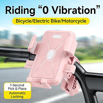 Bike Phone Mount, 1-Second Quick Release Motorcycle Phone Holder with 360° Rotation, Anti-Shake Silicone Pad, Universal for 4-7 Inch Phones - Fits 22-35mm Handlebars (Pink)