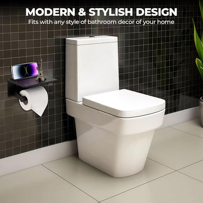Toilet Paper Holder with Shelf, Black Anti-Rust Aluminum Tissue Roll Holder with Mobile Phone Storage Shelf for Bathroom, 3M Self Adhesive No Drilling or Wall Mounted with Screws