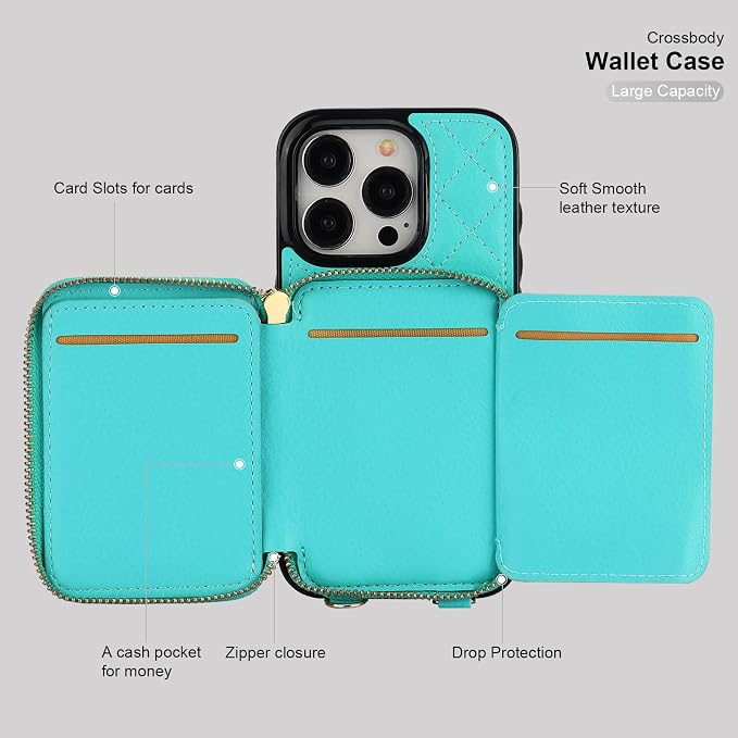 Bocasal Crossbody Wallet Case for iPhone 15 Pro, RFID Blocking PU Leather Zipper Handbag Purse Flip Cover, Kickstand Folio Case with Card Slots Holder Wrist Strap Lanyard 5G 6.1 Inch (Mint Green)