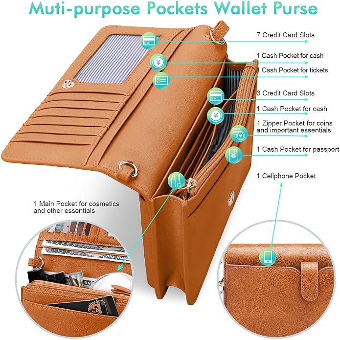 nuoku Women Small Crossbody Bag Cellphone Purse Wallet with RFID Card Slots 2 Straps Wristlet