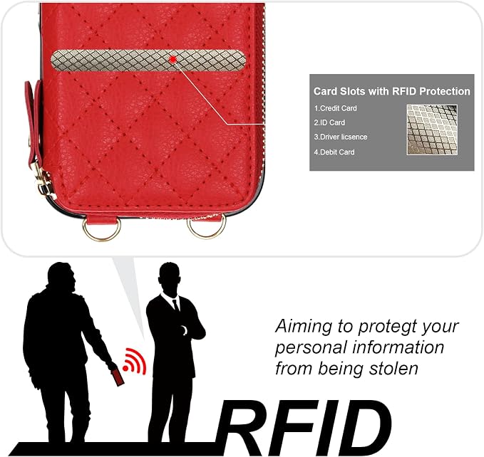 Bocasal Crossbody Wallet Case for iPhone 17 Pro, RFID Blocking PU Leather Zipper Handbag Purse Flip Cover, Kickstand Folio Case with Card Slots Holder Wrist Strap Lanyard 5G 6.3 Inch (Red)