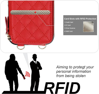 Bocasal Crossbody Wallet Case for iPhone 17 Pro, RFID Blocking PU Leather Zipper Handbag Purse Flip Cover, Kickstand Folio Case with Card Slots Holder Wrist Strap Lanyard 5G 6.3 Inch (Red)