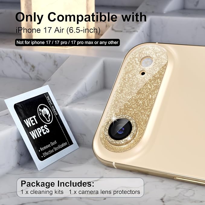 Choiche Compatible for iPhone 17 Air Camera Lens Protector, Bling Camera Cover with 9H Tempered Glass Lens Screen Protector Metal Ring Decoration Accessories 6.5-inch (Glitter-Gold)