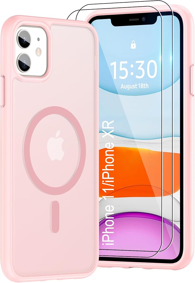 Pilaru for iPhone 11 Case & iPhone XR Case [Compatible with Magsafe] Translucent Matte Magnetic Case with Screen Protector,SlimThin Shockproof Protective Cover for iPhone 11 & iPhone XR-Pink