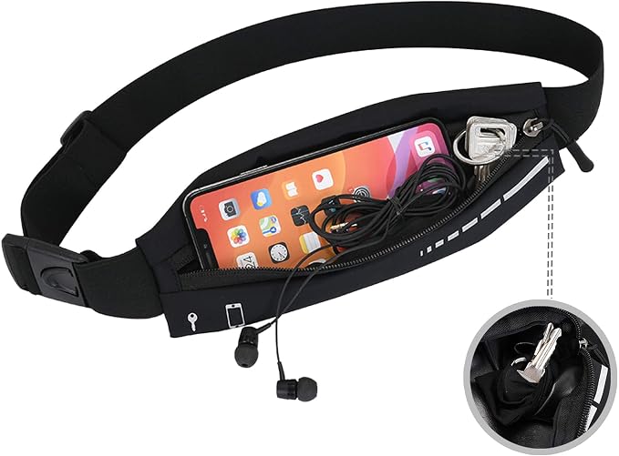 Slim Waterproof Fanny Pack Belt Bag for Women & Men – Bounce-Free Adjustable Running Belt, Lightweight Phone Holder Waist Pouch for Jogging, Workout, Travel, Money Belt-Black