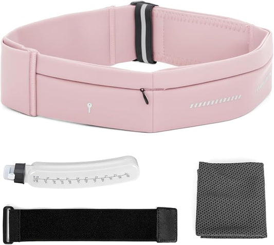 Lsnisni Slim Running Belt for Men and Women, Running Waist Pack with Water Bottle & Towel, Multi Pocket Fanny Pack - Phone Holder, Adjustable for Running, Climbing - Medium - Pink