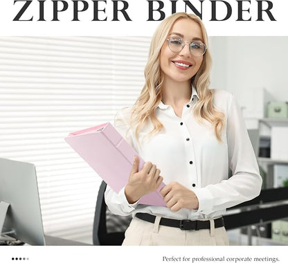 EYROZILL Zippered Leather 3 Ring Binder Organizer with Pockets – Business Portfolio Folder with Card Slots, Phone Holder, Pen Loop (Pink)