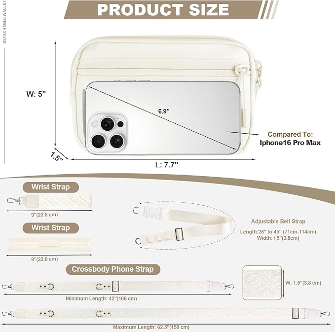 YFWE Phone Strap Crossbody, Clip and Go Strap for Phone with Wallet Crossbody, Adjustable Phone Lanyard Belt Strap with Detachable RFID Wristlet Wallet (XL-Cream)