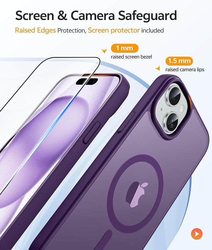 FNTCASE for iPhone 15 Case: for iPhone 14 Case & iPhone 13 Case [Compatible with Magsafe] Translucent Matte Cases with [Screen Protector] Military Grade Shockproof Protective Phone Cover - Purple