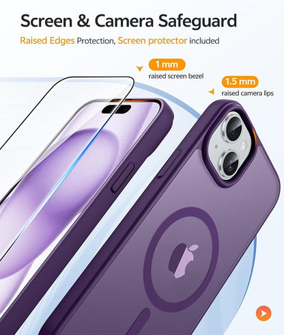 FNTCASE for iPhone 15 Case: for iPhone 14 Case & iPhone 13 Case [Compatible with Magsafe] Translucent Matte Cases with [Screen Protector] Military Grade Shockproof Protective Phone Cover - Purple