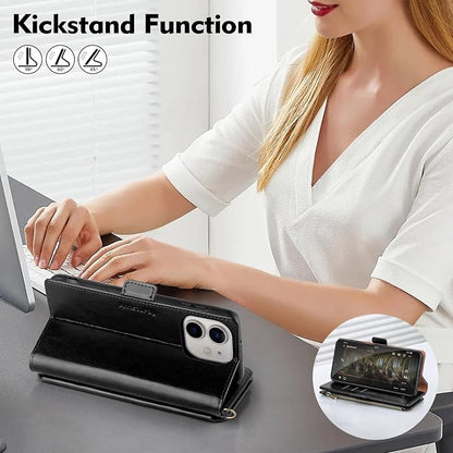 Antsturdy Compatible with iPhone 12 Wallet Case,RFID Blocking PU Leather Phone Case Women Men Kickstand Flip Cover Wrist Strap Zipper Credit Card Holder Slots,for Apple 12 Pro 6.1",Black