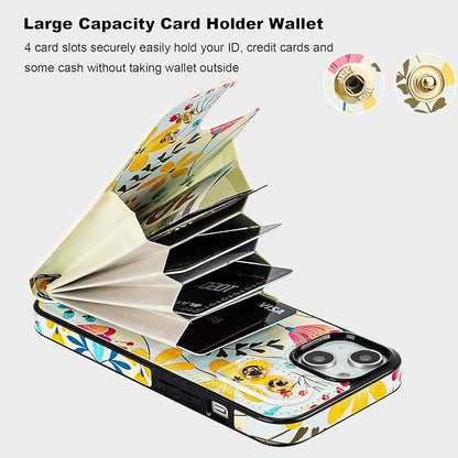 HAOPINSH for iPhone 13/ iPhone 14 Wallet Case with Card Holder, 360°Rotation Ring Kickstand, Floral Flower Pattern, RFID Blocking Leather for Girls Women, Double Buttons Flip Protective Cover 6.1"
