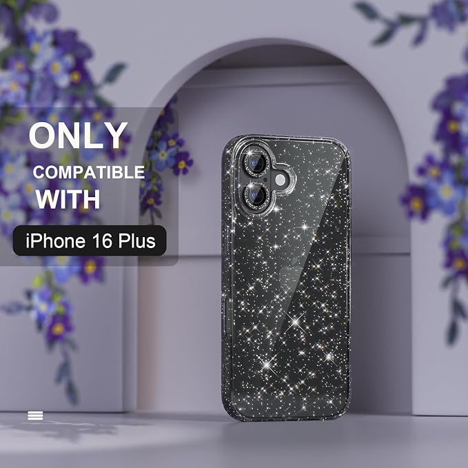 Choiche for iPhone 16 Plus Case Magnetic, Women Clear Glitter Bling Sparkly Case, [2xDiamond Camera Lens Protectors] [2xTempered Glass Screen Protectors] [Compatible MagSafe] 6.7" (Glitter Black)