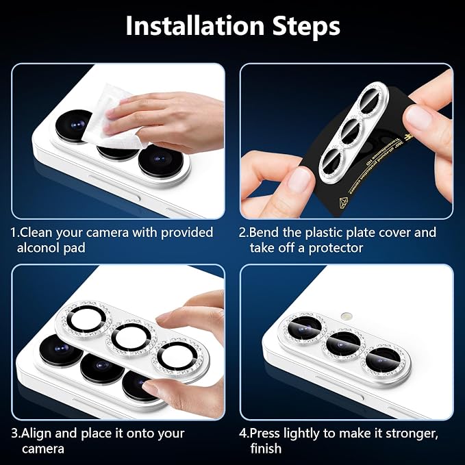for Samsung Galaxy S26 Plus Camera Lens Protector, Electroplated Matte Back with 9H Tempered Glass Lens Protector, [Strong Adsorption] [Case-Friendly] Metal Ring HD Lens Cover, Silvery Diamond