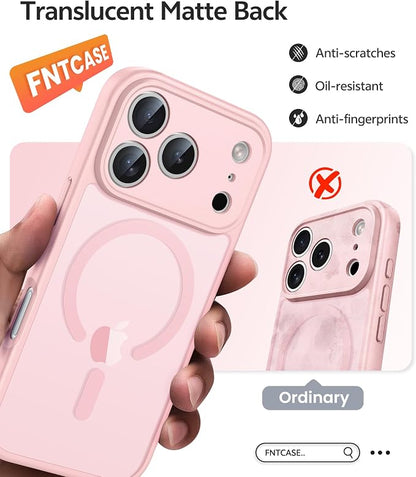 FNTCASE for iPhone 17 Pro-Max Case: [Compatible with Magsafe] Translucent Matte Cases with [Full Camera Protection] [Screen Protector] Military Grade Shockproof Protective Phone Cover - Light Pink