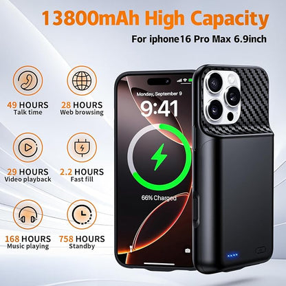 13800mAh Upgrade High Capacity Battery Case Compatible with iPhone 16 Pro Max (6.9inch), Rechargeable Portable Protective Charging Case w/Tempered-Glass Screen Protector - Black