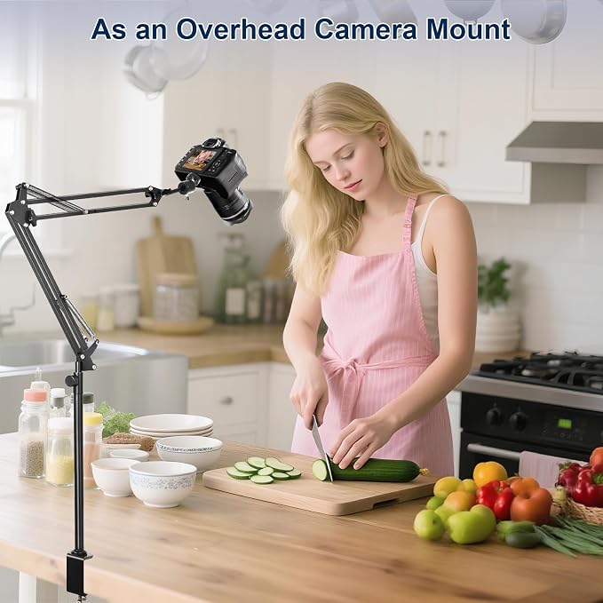 Overhead Camera Mount,Camera Desk Mount with 360° Adjustable Arm and Phone Holder,Max Load-Bearing 5lb,Desk Clamp Stand for Content Creation and Live Streaming,DSLR,Webcam,Mic,Ring Light