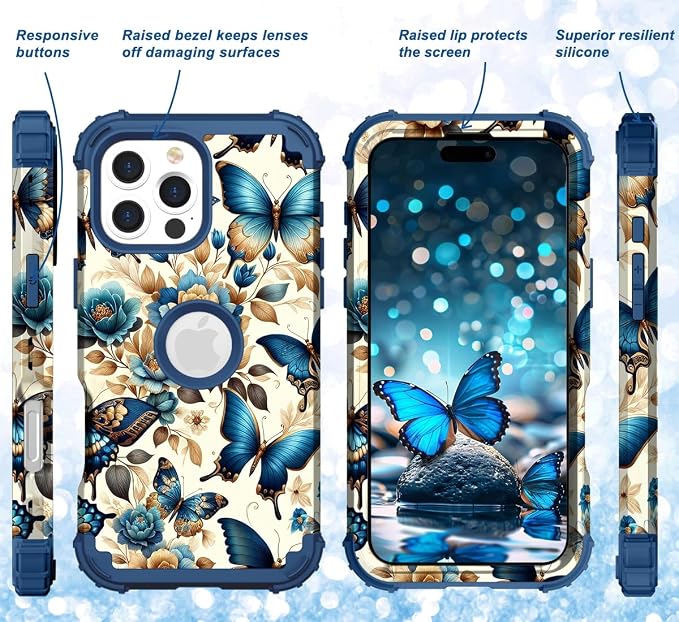 Hocase for iPhone 16 Pro Max Case, Heavy Duty Shockproof Protection Soft Silicone Rubber+Hard Plastic Bumpers Hybrid Protective Case for iPhone 16 Pro Max 2024 - Blue Butterflies