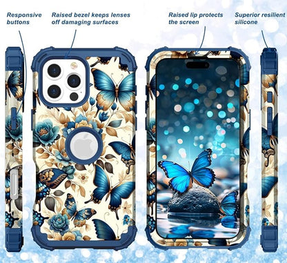 Hocase for iPhone 16 Pro Case 6.3", Heavy Duty Shockproof Protection Soft Silicone Rubber+Hard Plastic Bumpers Hybrid Protective Case for iPhone 16 Pro 2024 - Blue Butterflies