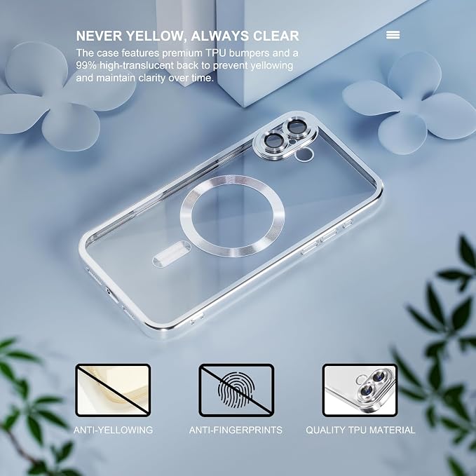 Misea Magnetic for iPhone 16 Case Compatible with MagSafe [Never Yellowing] [Military Grade Drop Protection] Full Camera Lens Protector Plating Soft Clear Phone Case for Women 6.1 inch, Silver