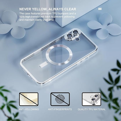 Misea Magnetic for iPhone 16 Case Compatible with MagSafe [Never Yellowing] [Military Grade Drop Protection] Full Camera Lens Protector Plating Soft Clear Phone Case for Women 6.1 inch, Silver