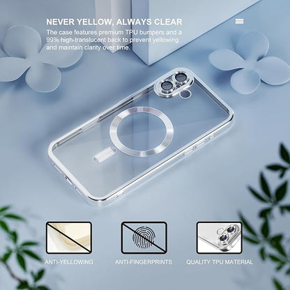 Misea Magnetic for iPhone 16 Plus Case Compatible with MagSafe [Never Yellowing] [Military Grade Drop Protection] Full Camera Lens Protector Plating Soft Clear Phone Case for Women 6.7", Silver