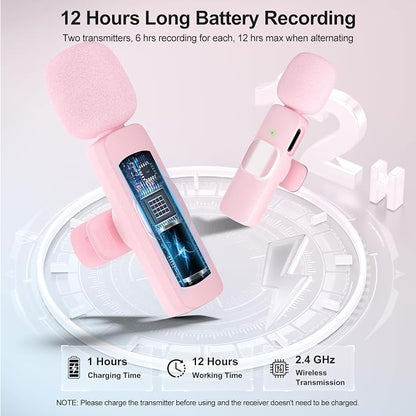 PoP voice Pink Wireless Lavalier Microphone for iPhone/Android - Mini Clip-On Mic with Noise Cancellation, 65ft Range, 12H Battery, Lapel Mic for Record Video, Podcast Vlog Content Creator Interview