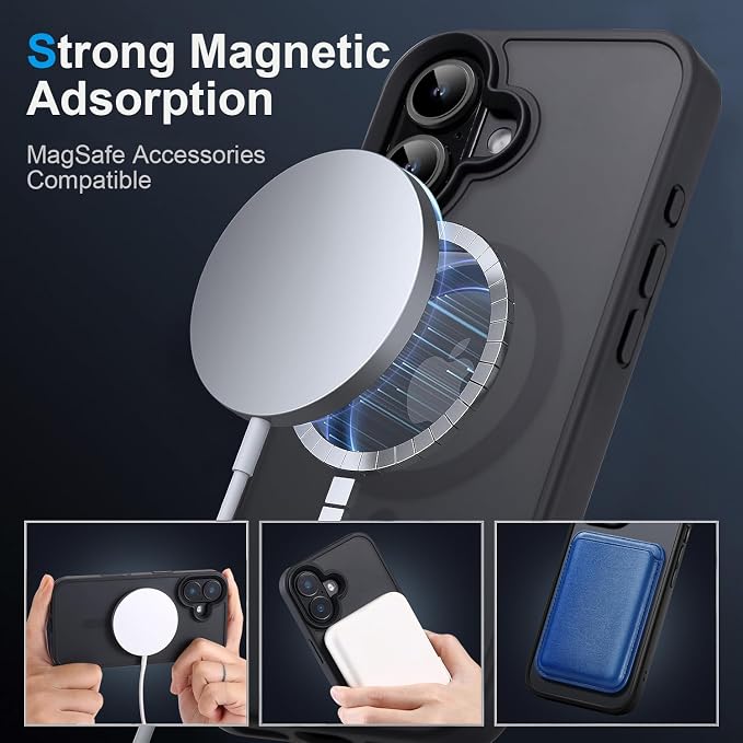 Strong Magnetic for iPhone 16 Plus case [10Ft Military-Grade Protection] Compatible with fit MagSafe Shockproof Slim Thin Cover 6.7 inch 16 Plus Phone case, Black