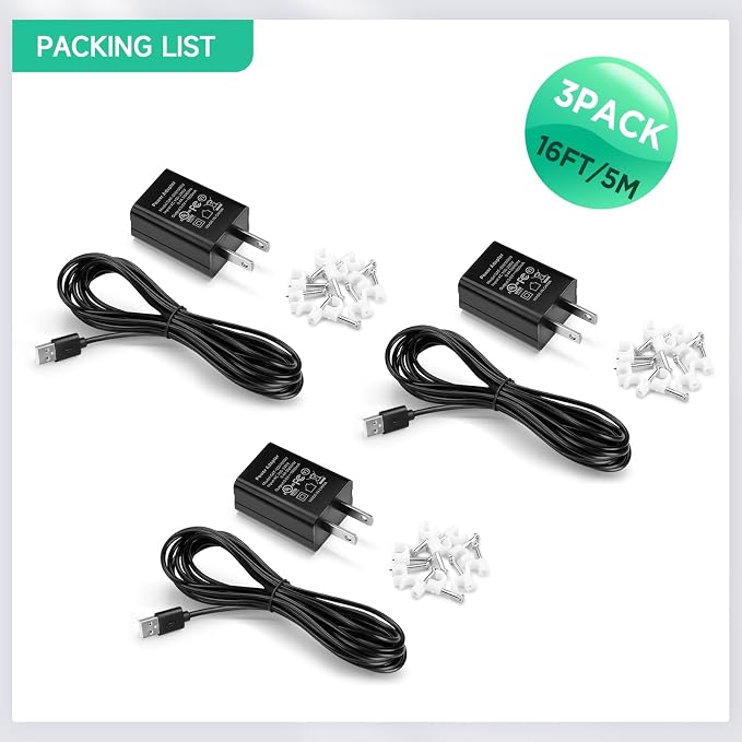 OLAIKE 3-Pack 16ft (5m) Weatherproof Charge Cable for Ring Stick Up Cam Battery & Spotlight Cam Battery, Durable Power Adapter Cable for Outdoor Security Cameras