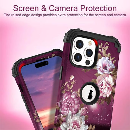 Hocase for iPhone 15 Pro Case, Heavy Duty Shockproof Protection Soft Silicone Rubber Bumper+Hard Plastic Hybrid Protective Case for iPhone 15 Pro 6.1" 2023 - Royal Purple Flowers