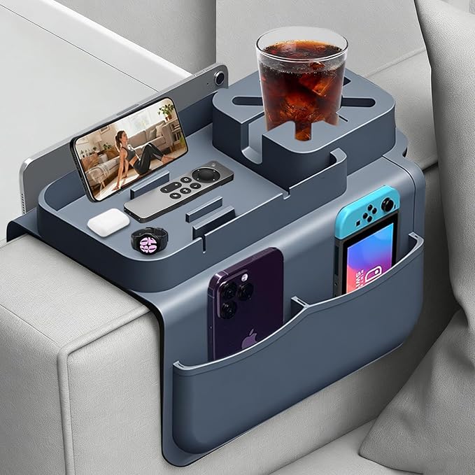 Silicone Couch Cup Holder for Tablet & Phone Stand, Sofa Arm Tray Organizer with Dual Side Pockets for Remotes Snacks Headphones & Glasses Drinks Anti-Slip & Heat Resistant Sofa Caddy (Gray)