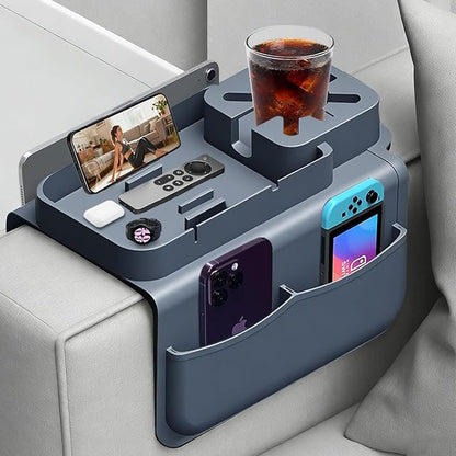 Silicone Couch Cup Holder for Tablet & Phone Stand, Sofa Arm Tray Organizer with Dual Side Pockets for Remotes Snacks Headphones & Glasses Drinks Anti-Slip & Heat Resistant Sofa Caddy (Gray)
