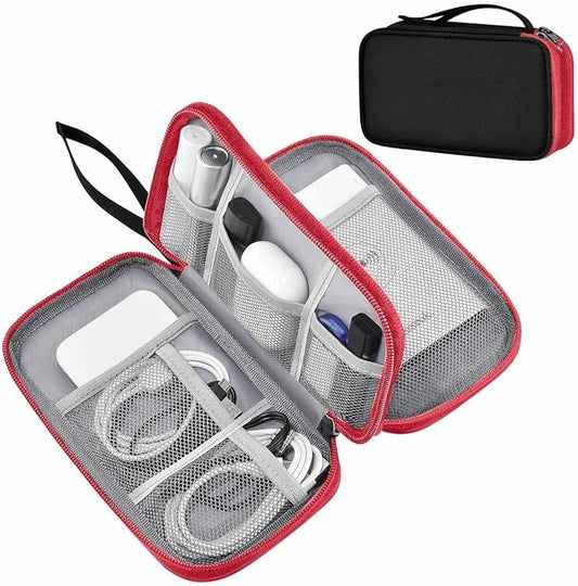 ZINMARK Portable Cable Organizer Case,Travel Pouch with Double-Layer Storage for Cables,Chargers,Earbuds & Phone,Black Red– Small Size