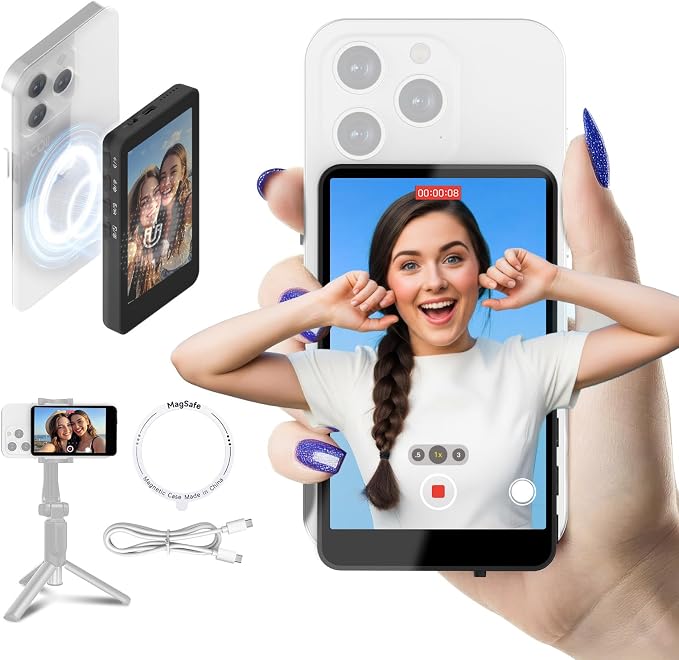 Synco XView Selfie Monitor Screen for iPhone 7-16 Series, Secure Private Wireless P2P, 4K/1080p Magnetic Back Camera Vlog Monitor with 164FT Range for YouTube TikTok (Black)