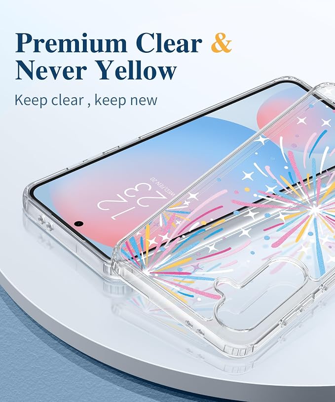 GVIEWIN for Samsung Galaxy S24 FE Case, Clear Floral Slim Shockproof Protective Women Phone Case, Non-Yellowing, with Screen Protector & Camera Lens Protector for S24 FE 6.7", Fireworks