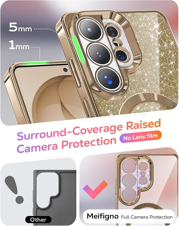 Meifigno Magnetic Case Designed for Samsung Galaxy S26 Ultra 6.9", [Compatible with MagSafe] [Removable Glitter Card & Wrist Strap], Surround Lens Protection Case for Galaxy S26 Ultra, Desert Titanium